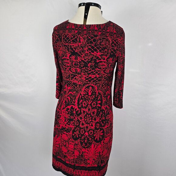 AB Studio Dress Women's 14 Red Black Aztec Floral Pattern Bodycon Long Sleeve - Picture 13 of 16